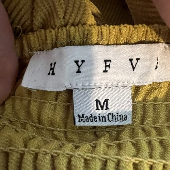 HYFVE Top Cropped Ballon Sleeve Corduroy Smocked Mustard Yellow Tie Back - Picture 8 of 10